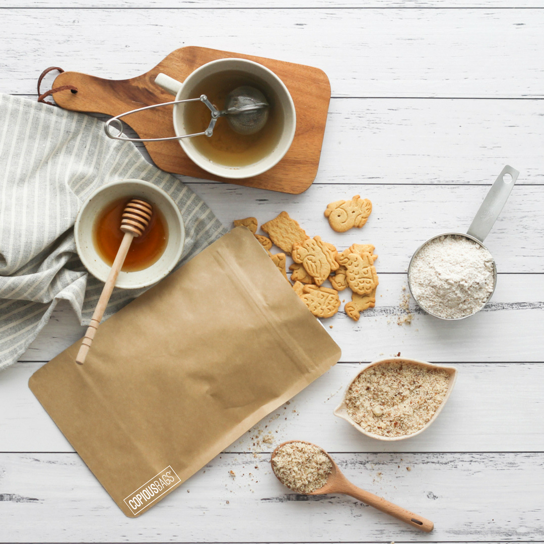 Kraft stand up bag containing snacks and biscuits