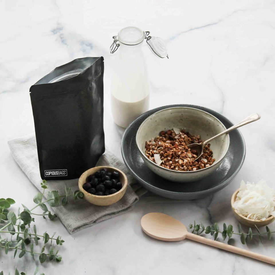 black kraft stand up pouch - granola packaging bags - Copious Bags