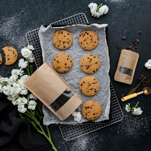 Kraft window pouch on baking tray with cookies